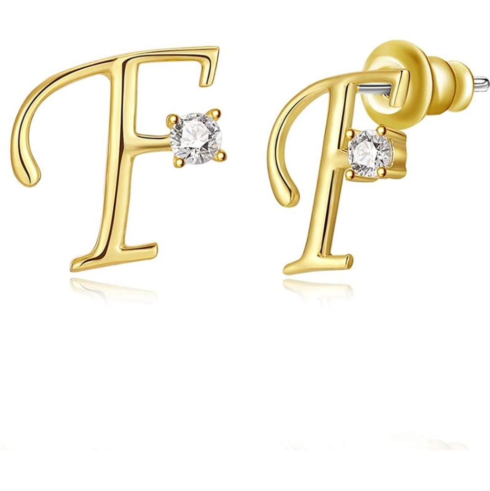 14k gold plated letter F stud earrings with cubic zirconia
